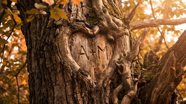Heart shape carved into tree bark with initials a plus m symbol in autumn forest light representing romantic gesture of young lovers during fall season in outdoor nature setting with golden leaves.