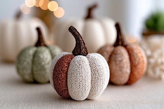 Decorative Soft Felt And Knitted Pumpkins In A Coze Seasonal Autumn Thanksgiving Fall Motif Scene.