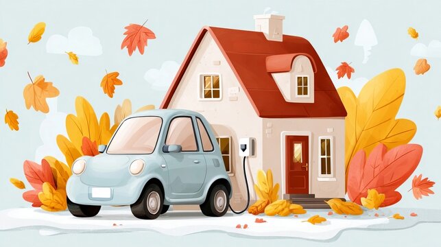Compact Electric Car Charging at Residence in an Autumn Scene Showing Charging Hardware Equipment.