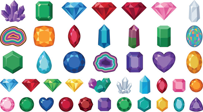 Gemstone and precious crystal vector icon set featuring flat illustrations of diamond ruby emerald sapphire and mineral geode stones