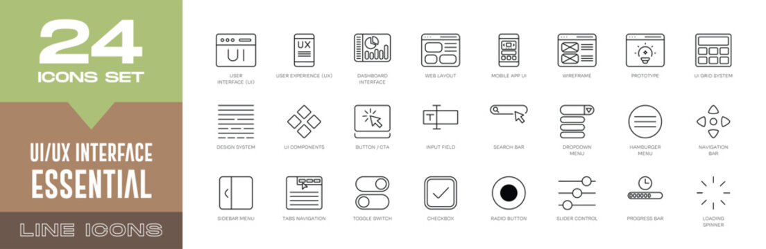 UI/UX Interface Essentials Line Icons Set. User Experience, User Interface, Wireframe, Prototype, Design System, and Mobile App Vector Symbols.