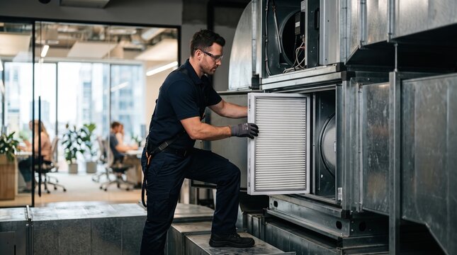 Technician replacing filter in office HVAC system