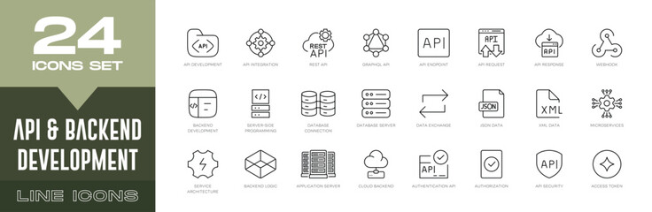 API & Backend Development Line Icons Set. Server, Database, REST API, Cloud Services, Authentication, and Software Architecture Vector Symbols. © Patel