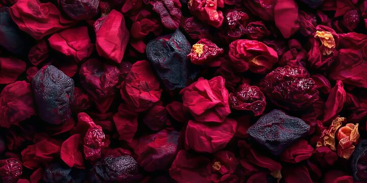 Extreme Close Up Of Dehydrated Red Currant Berries And Dried Fruit Pieces With Intense Deep Color.