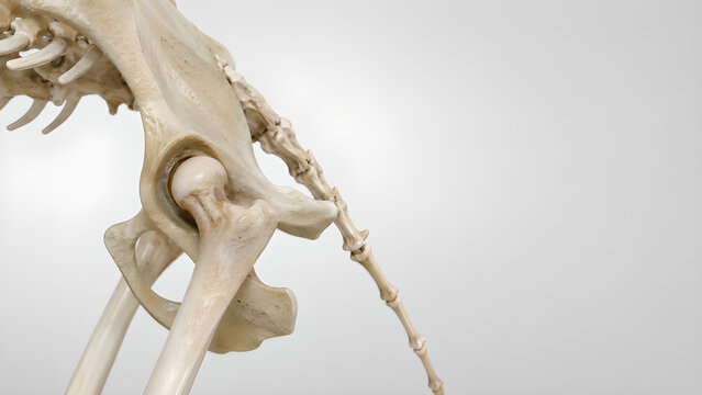 Cat hip dysplasia veterinary 3D render showing shallow acetabulum and femoral head mismatch, realistic feline pelvis anatomy for pet healthcare education and clinical patient communication