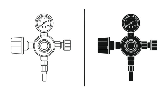 Pressure Regulator Icons: Two simplified line-art illustrations of a pressure regulator with a gauge, one in black and white outline and the other in black fill.