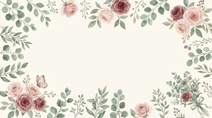 Elegant floral border with soft pink and burgundy roses, eucalyptus leaves, and a delicate butterfly on a cream background, perfect for invitations and cards. © Banana Milk