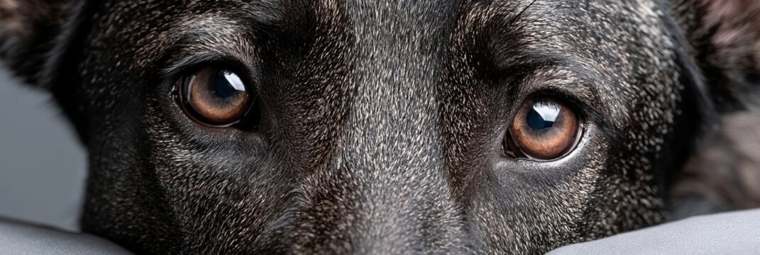 Close up photo of a German Shepherd dog featuring expressive brown eyes against gray background.