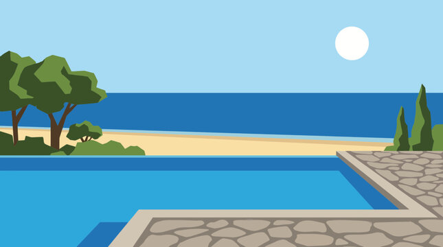 Infinity Pool Overlooking Ocean Horizon Vector Illustration