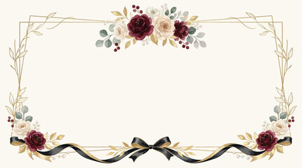 Elegant floral frame with deep red and cream roses, eucalyptus leaves, and a black ribbon bow on a cream background. © Banana Milk