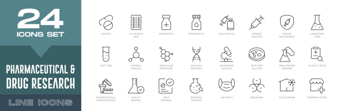 Pharmaceutical & Drug Research Line Icons Set. Medicine Development, Laboratory Testing, Clinical Trials, Biotechnology, and Healthcare Vector Symbols.