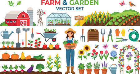 Farm and garden vector illustration collection with female farmer red barn greenhouse field crops tools fresh vegetables and flowers © ALOMGIR