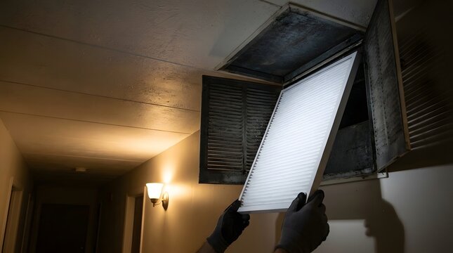 Gloved hands replacing a clean white HVAC air filter in a ceiling vent located in a dimly lit hallway interior.