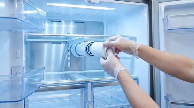 Hands in gloves replacing a water filter inside a clean empty refrigerator with bright blue interior lighting.