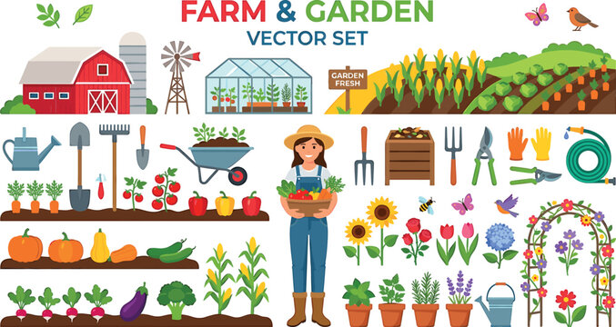Farm and garden vector illustration collection with female farmer red barn greenhouse field crops tools fresh vegetables and flowers