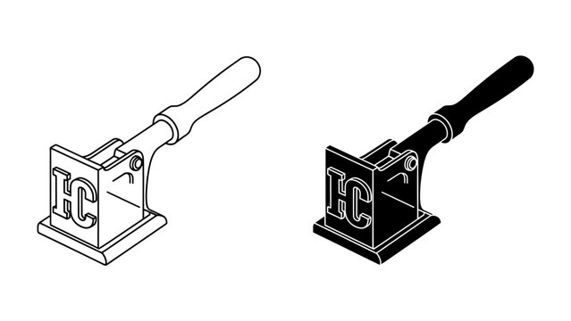 Branding Iron: Two detailed isometric illustrations of a branding iron, one in line art and the other in black silhouette, ready to mark.