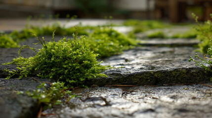 Fototapeta premium Lush green moss growing on wet stone pathway in garden. Moss growing between patio stones