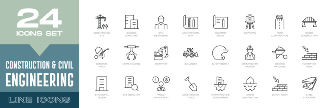 Construction & Civil Engineering Line Icons Set. Building, Architecture, Infrastructure, Planning, Machinery, and Structural Engineering Vector Symbols.