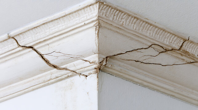 Serious structural cracks marring the corner of a white ceiling and wall, indicating significant damage and the need for urgent repair work
