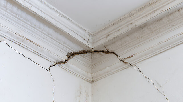 Severe Corner Crack in Ceiling and Wall Underscores Urgent Structural Damage or Renovation Needs in an Old Building Interior