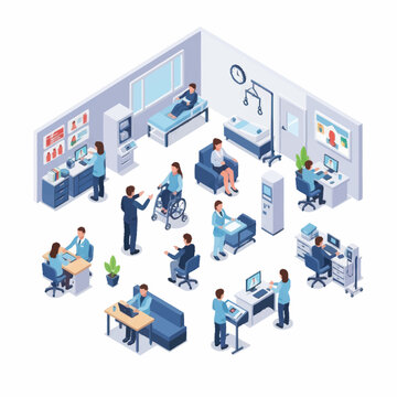 Modern hospital interior with doctors and patients in isometric style.