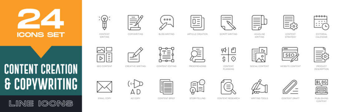 Content Creation & Copywriting Line Icons Set. Writing, Blogging, Editing, SEO Content, Digital Media, and Creative Marketing Vector Symbols.
