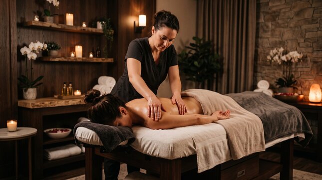 A professional massage therapist provides a relaxing back massage to a client in a luxurious, dimly lit spa with candles and wooden decor.