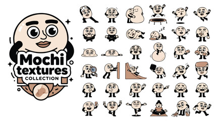 Fototapeta premium Mochi textures collection, 30 cute mochi character stickers in various poses, funny japanese rice cake mascot set, cartoon food emoji vector