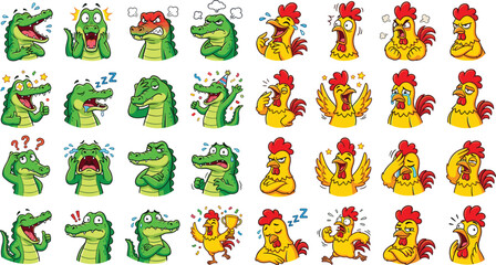Naklejka premium Cute cartoon crocodile and chicken emoji stickers set showing different facial expressions like happy angry sad surprised scared crying sleeping and confused, vector illustration