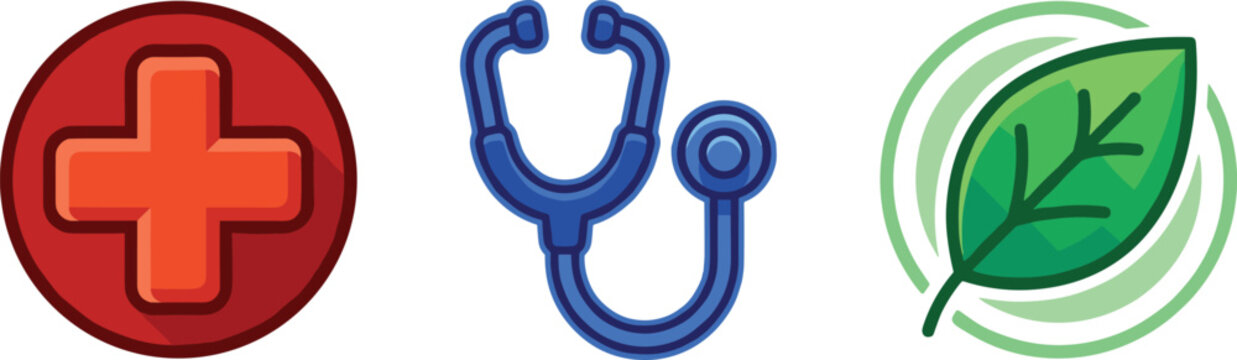 Holistic Medical and Alternative Healthcare Vector Icon Set Featuring Red Cross Emergency Badge Blue Clinical Stethoscope and Green Herbal Medicine Leaf Symbol
