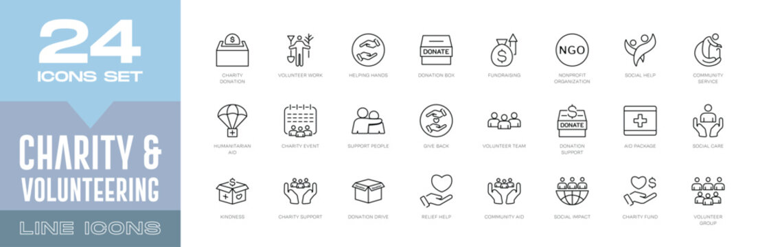 Charity & Volunteering Line Icons Set. Donation, Nonprofit Support, Humanitarian Aid, Community Service, and Social Impact Vector Symbols.