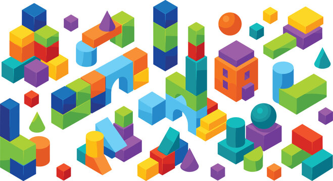 Isometric Colorful Wooden Building Blocks Vector Set Featuring Toy Bricks Cubes Cylinders Cones Arches and Towers for Children Educational Game Designs