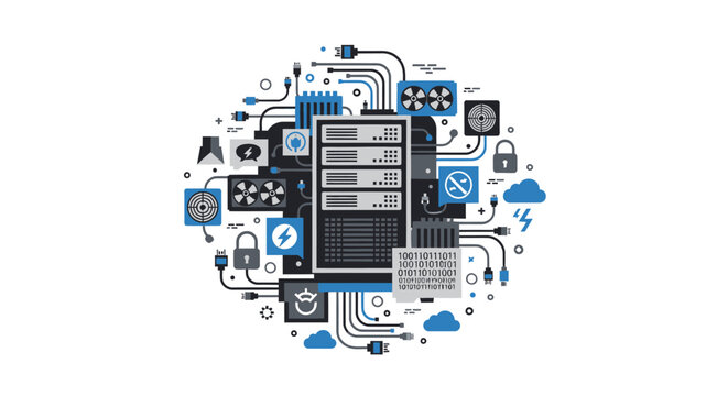 Cloud Data Center Network Infrastructure and Cybersecurity Flat Vector Illustration of Server Rack with Connections and Technology Icons