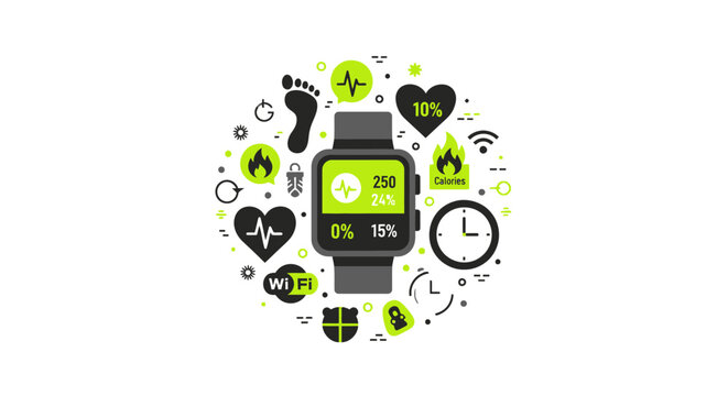 Smartwatch Fitness Tracker and Health Monitoring Illustration with Wearable Technology Icons for Wellness, Activity Tracking, Heart Rate, and Calorie Counting on White Background