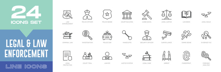 Fototapeta premium Legal & Law Enforcement Line Icons Set. Justice, Court, Police, Law, Security, Rights, and Legal System Vector Symbols.