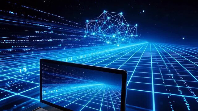 Laptop in digital network space