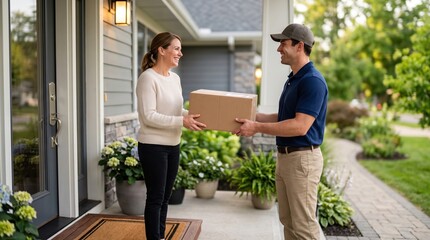 Fototapeta premium Happy customer receives package from delivery driver