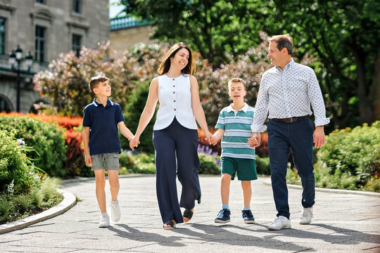 family having great time in city walking together