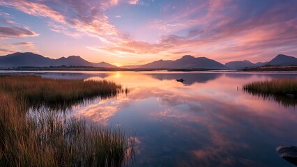 Fototapeta premium Breathtaking sunset over a serene lake with mountains and vibrant clouds.