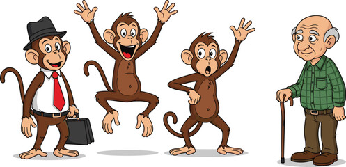 Cute cartoon monkey characters set displaying business jumping and waving poses standing with a senior elderly grandfather holding a cane, vector illustration © Mohammad