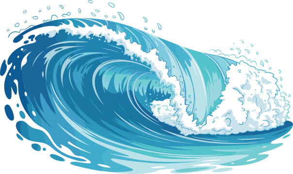 Huge ocean wave vector illustration, cartoon giant blue sea water curling splash element on white background