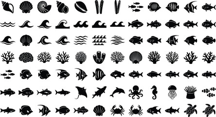 Marine Life and Ocean Vector Icon Set Featuring Fish Sea Shells Coral Reefs Waves Octopus and Turtles for Marine Biology and Seafood Menu Designs © Rukhsana