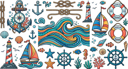 Nautical marine sea life vector elements set featuring colorful waves sailboats lighthouses anchors steering wheels and rope knots bundle © ALOMGIR