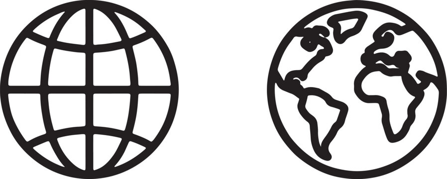 World map and globe outline icons for global communication with international
