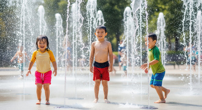 Joyful children in swimsuits playing and laughing together among spraying water jets at a splash pad on a sunny summer day