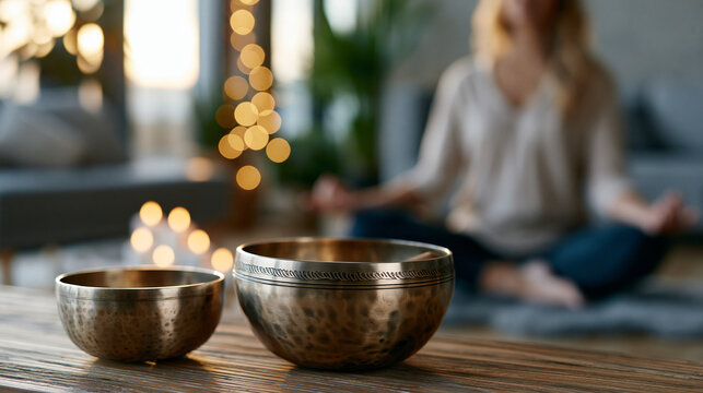 Stock style, hyper realistic, high quality photo, peaceful wellness meditation scene, foreground with two metal singing bowls of different sizes placed on a wooden surface, one lar