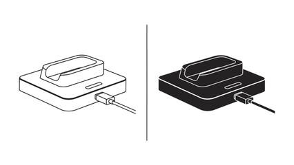 Charging Dock Icons: A minimalist representation of a charging dock in both line art and silhouette, showing a device slot and a connected USB cable. © abidakhatun