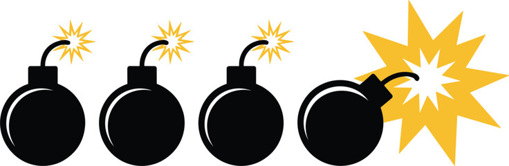 Vintage bomb countdown timeline vector icon set, burning lit fuse and blast explosion elements on white background © Kaiyum