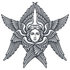Obraz premium Detailed vector engraving illustration of a biblical seraph angel featuring six wings and a serene human face isolated on a white background.