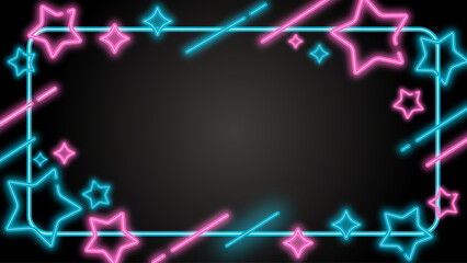 星のネオンのポップなフレーム背景 水色 ピンク 横長 16:9 © marumochi